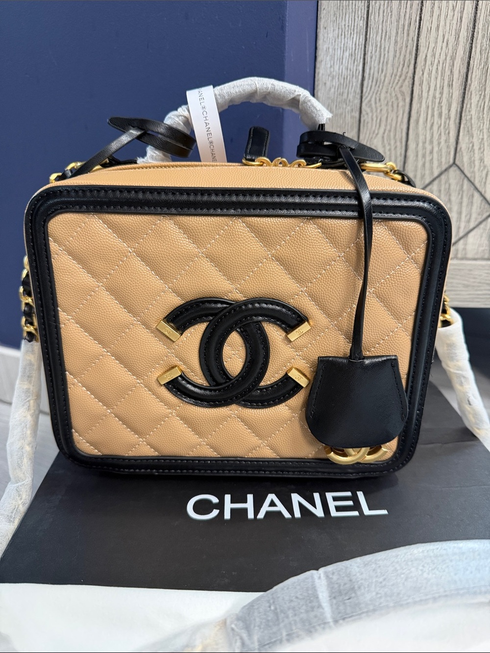 CHANEL Tan and Black Quilted Camera Box Crossbody Bag - Picture 2 of 5